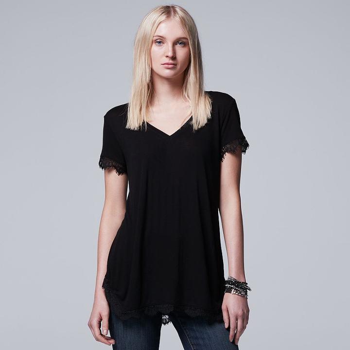 Women's Simply Vera Vera Wang Lace Trim Tee, Size: Medium, Black