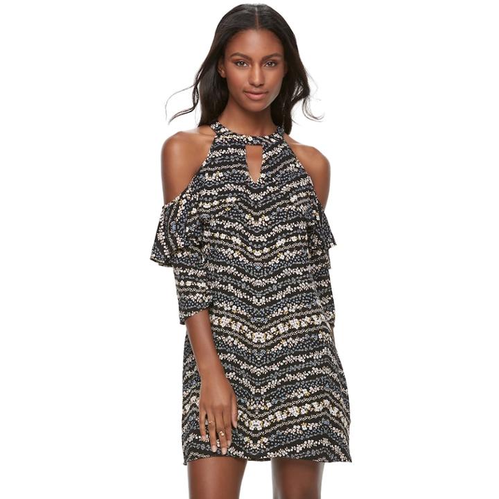 Juniors' Candie's&reg; Print Cold-shoulder Halter Dress, Teens, Size: Xl, Black