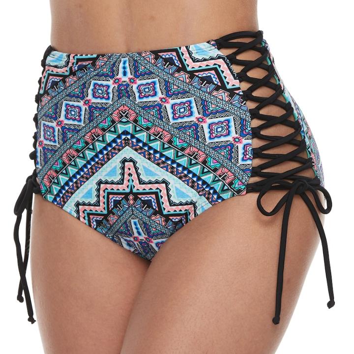 Mosaic Lace-up High-waisted Bikini Bottoms, Size: Medium, Mayan Mosaic