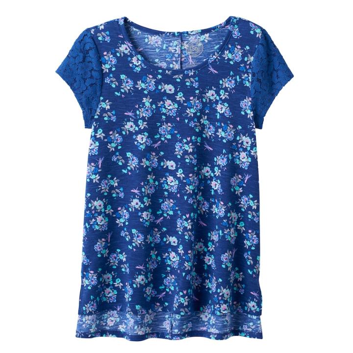 Girls 7-16 So&reg; Floral Lace Sleeve Tee, Size: 16, Blue (navy)
