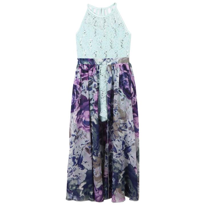 Girls 7-16 Speechless Lace Bodice Floral Walk-through Maxi Romper, Size: 12, Turquoise/blue (turq/aqua)
