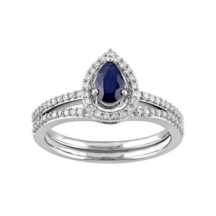 10k White Gold 1/3 Carat T.w. Diamond & Sapphire Teardrop Engagement Ring Set, Women's, Size: 9, Blue