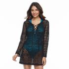 Women's Beach Scene Crochet Lace-up Cover-up, Size: Medium, Black