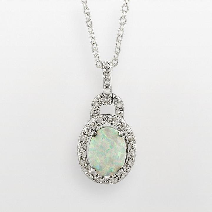 Sterling Silver Lab-created Opal And Diamond Accent Frame Pendant, Women's, Size: 18, Green