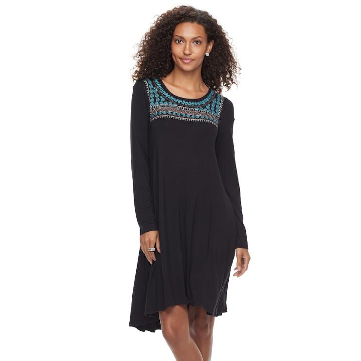 Women's Nina Leonard Embroidered Trapeze Dress, Size: Xl, Black