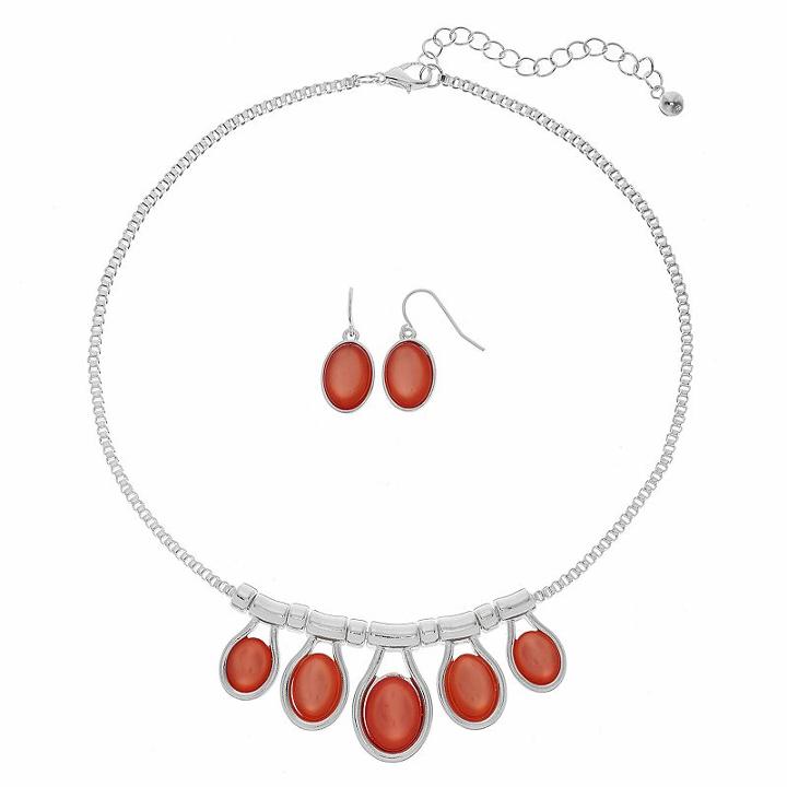 Peach Oval Cabochon Necklace & Drop Earring Set, Women's, Pink Other