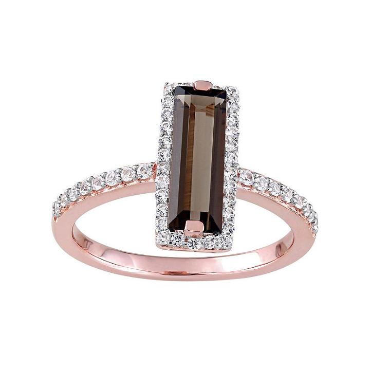 Sterling Silver Smoky Quartz & White Sapphire Rectangle Halo Ring, Women's, Size: 8, Brown