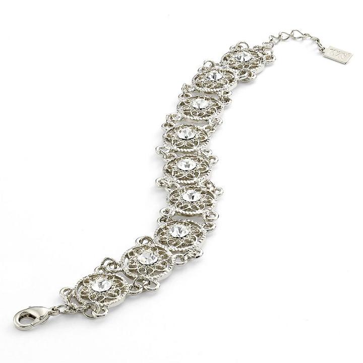 1928 Silver Tone Crystal Flower Filigree Bracelet, Women's, Grey