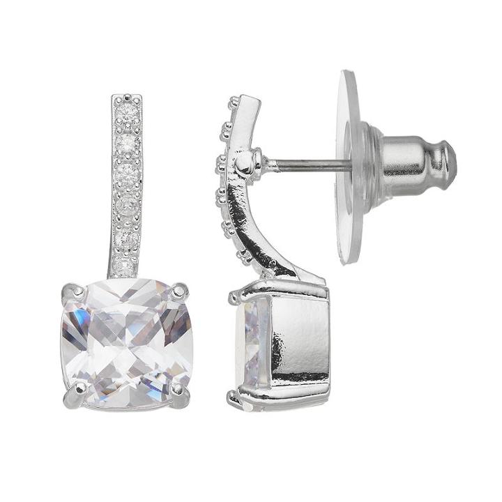 Dana Buchman Cubic Zirconia Curved Bar Nickel Free Drop Earrings, Women's, Silver