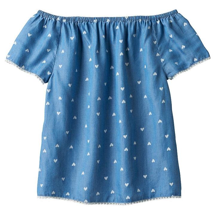 Girls 7-16 So&reg; Off Shoulder Heart Pattern Woven Babydoll Top, Girl's, Size: 16, Light Grey