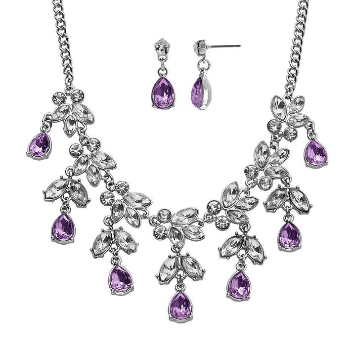 Crystal Allure Leaf And Teardrop Necklace And Earring Set, Women's, Size: 16.5, Purple