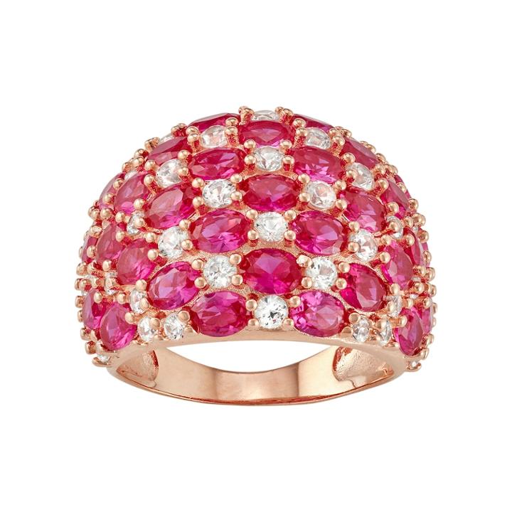 14k Rose Gold Over Silver Lab-created Ruby & Lab-created White Sapphire Dome Ring, Women's, Size: 6, Red