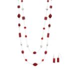 Red Swirling Geometric Double Strand Necklace & Drop Earring Set, Women's