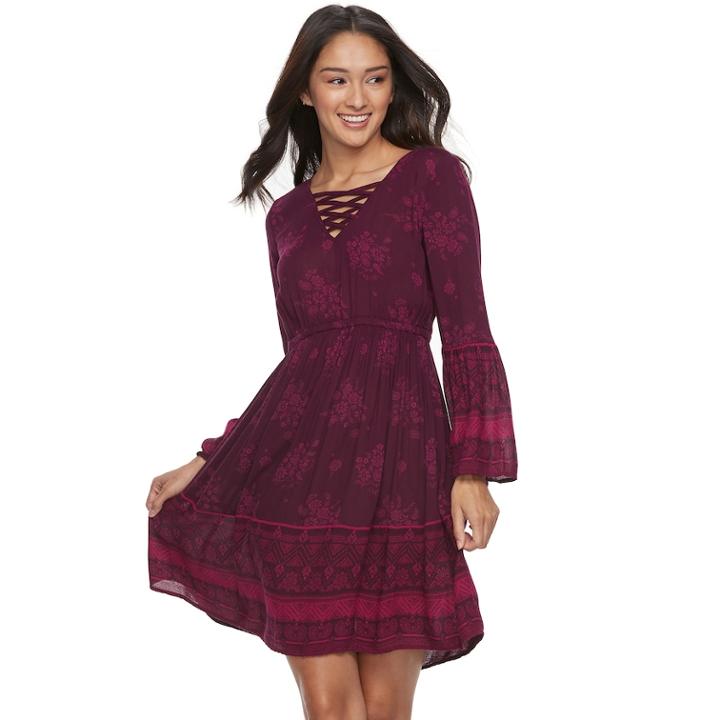 Juniors' Mudd&reg; Print Crinkle Lace-up Dress, Teens, Size: Medium, Drk Purple