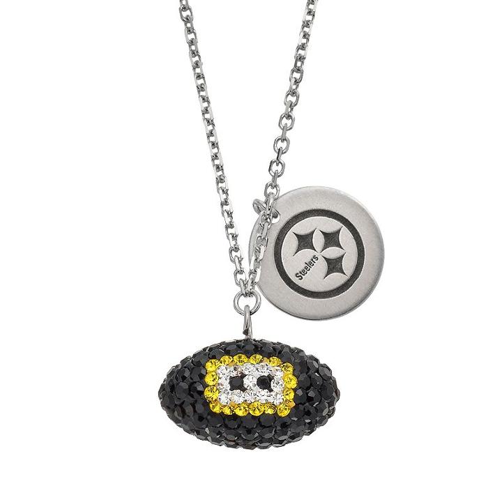 Pittsburgh Steelers Crystal Sterling Silver Team Logo & Football Charm Necklace, Women's, Size: 18, Multicolor