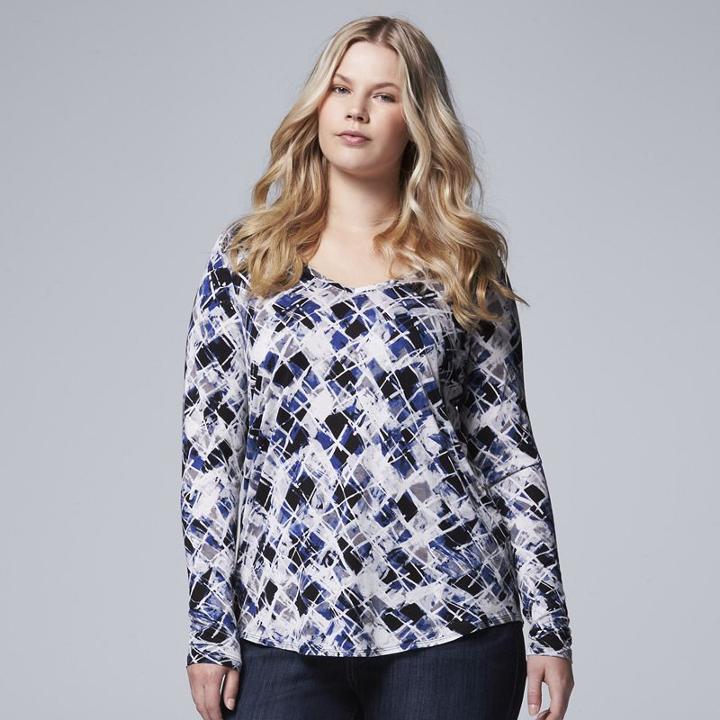 Plus Size Simply Vera Vera Wang Print Rounded-hem Tee, Women's, Size: 1xl, Black