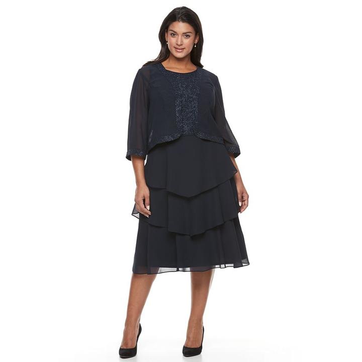 Le Bos, Plus Size Glitter-trim Tiered Evening Dress & Jacket Set, Women's, Size: 20 W, Blue (navy)