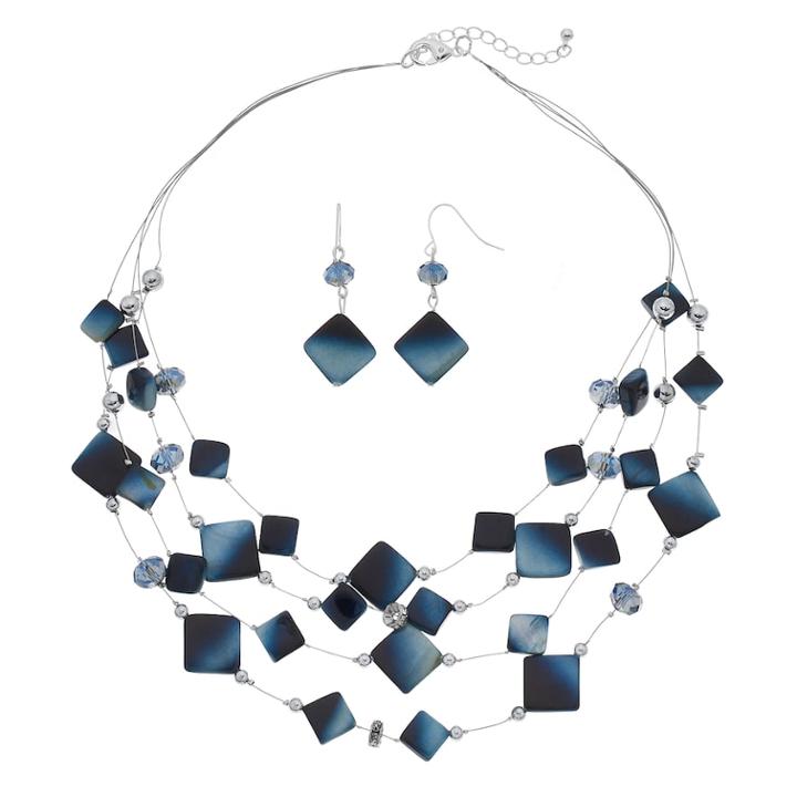 Multi Strand Illusion Necklace & Drop Earrings Set, Women's, Blue