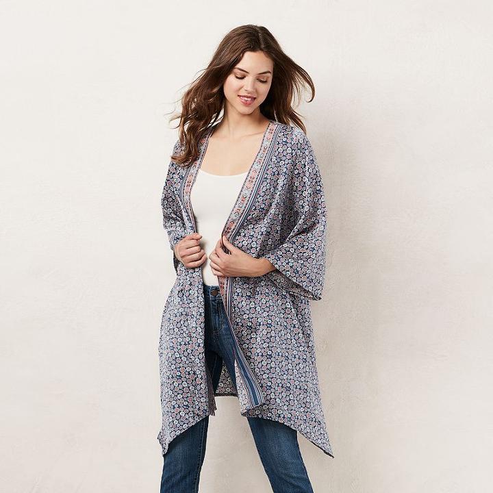 Women's Lc Lauren Conrad Shark-bite Floral Cardigan, Size: Large, Blue (navy)