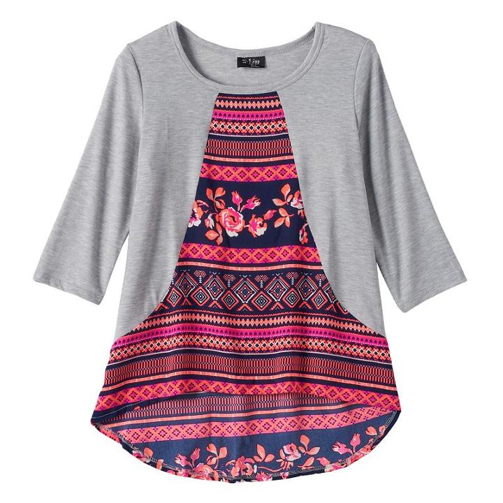 Girls Plus Size 2hip 3/4-length Sleeve Printed Inset High-low Top, Girl's, Size: M Plus, Blue Other