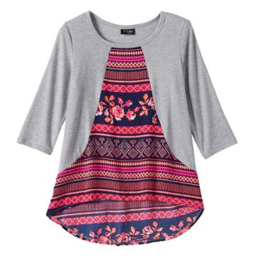 Girls Plus Size 2hip 3/4-length Sleeve Printed Inset High-low Top, Girl's, Size: M Plus, Blue Other