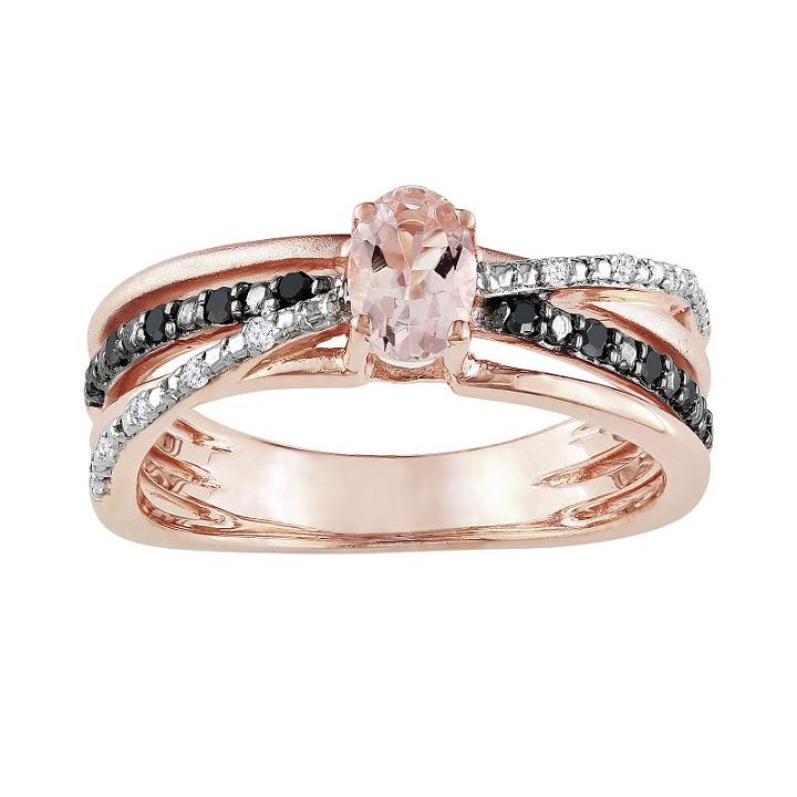 14k Rose Gold Over Sterling Silver Morganite And Black And White Diamond Accent Crisscross Ring, Women's, Size: 7, Pink