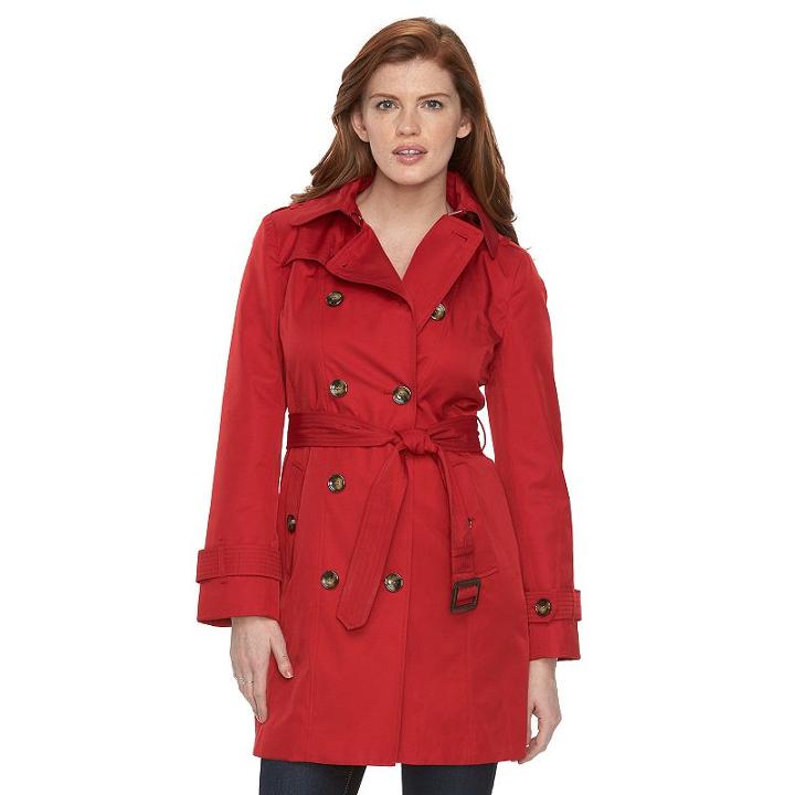 Petite Towne By London Fog Hooded Double-breasted Trench Raincoat, Women's, Size: S Petite, Med Red