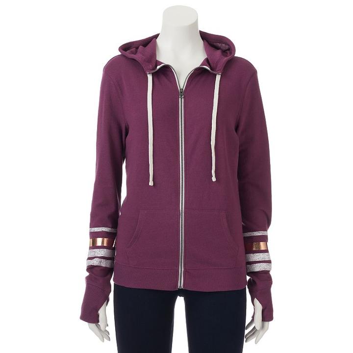 Juniors' So&reg; Perfectly Soft Striped Sleeve Hoodie, Teens, Size: Large, Drk Purple