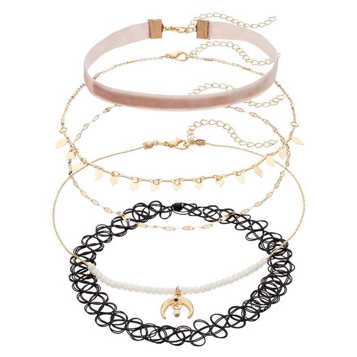 Pink Velvet, Crescent, Shaky Leaf & Tattoo Choker Necklace Set, Women's, Med Pink