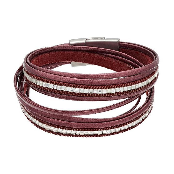 Chain Inlay Faux Leather Wrap Bracelet, Women's, Dark Red