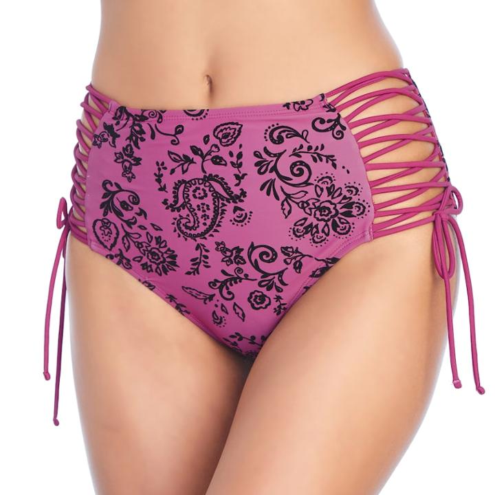 Women's Ibiza High-waisted Lace-up Bikini Bottoms, Size: Small, Dark Red