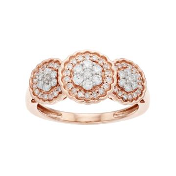 Everlasting Diamonds 10k Rose Gold 1/2 Carat T.w. Diamond 3-stone Cluster Ring, Women's, Size: 6, White