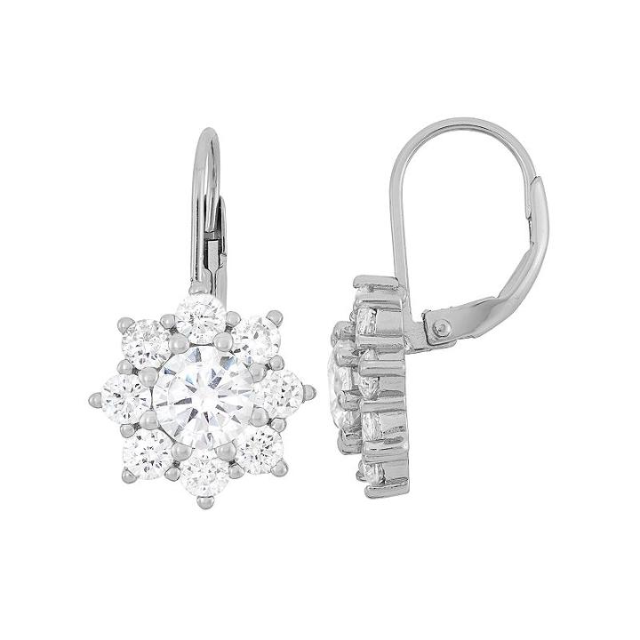 Cubic Zirconia Sterling Silver Flower Drop Earrings, Women's, White