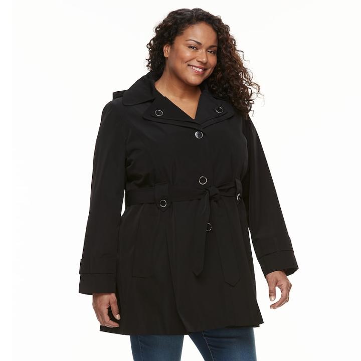 Plus Size Women's Tower By London Fog Hooded Double-layer Lapel Raincoat, Size: 2xl, Black