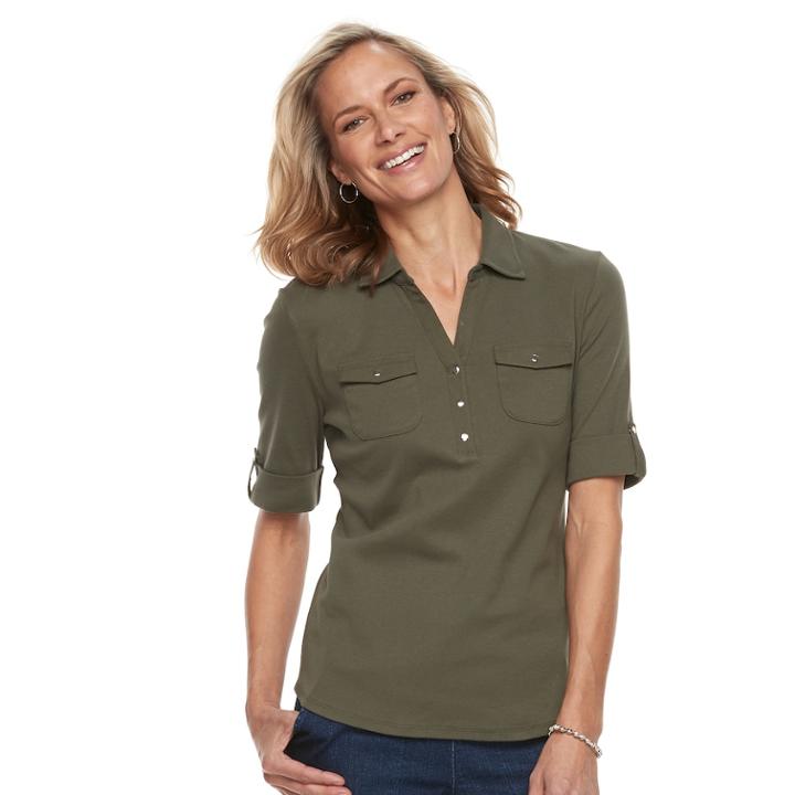 Women's Croft & Barrow&reg; Woven-trim Polo, Size: Xl, Green