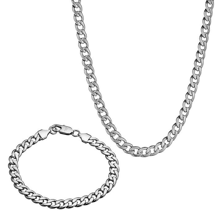 Stainless Steel Curb Chain Necklace & Bracelet Set - Men, Grey