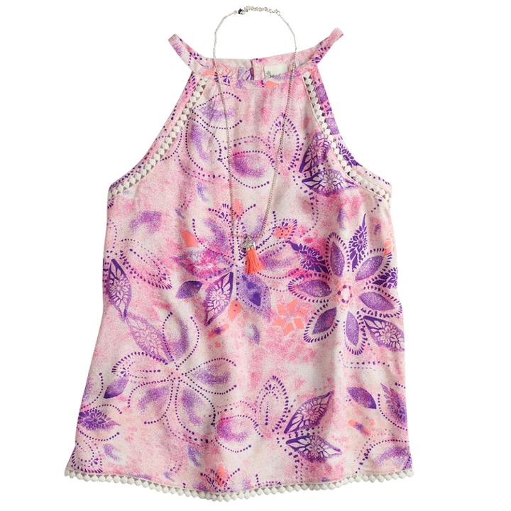 Girls 7-16 & Plus Size Mudd&reg; Crochet Trim Tank Top With Necklace, Size: 10, White