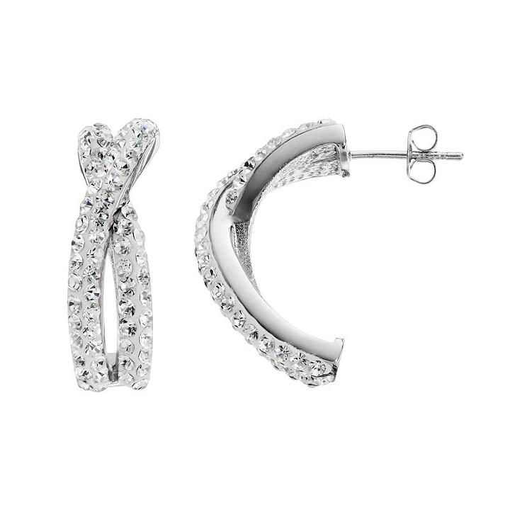 Chrystina Silver Plated Crystal Crisscross Half Hoop Earrings, Women's, White