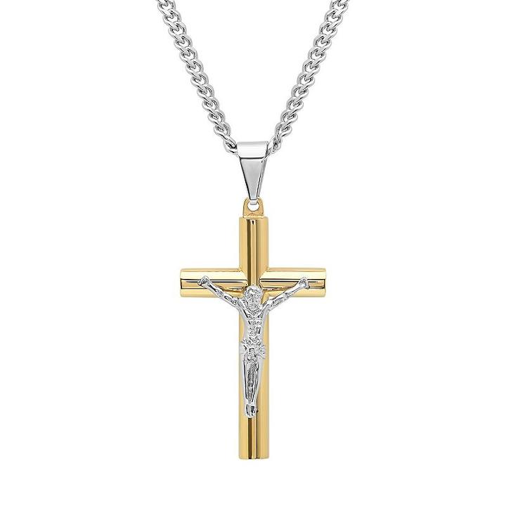 Men's Two Tone Stainless Steel Crucifix Pendant, Silver