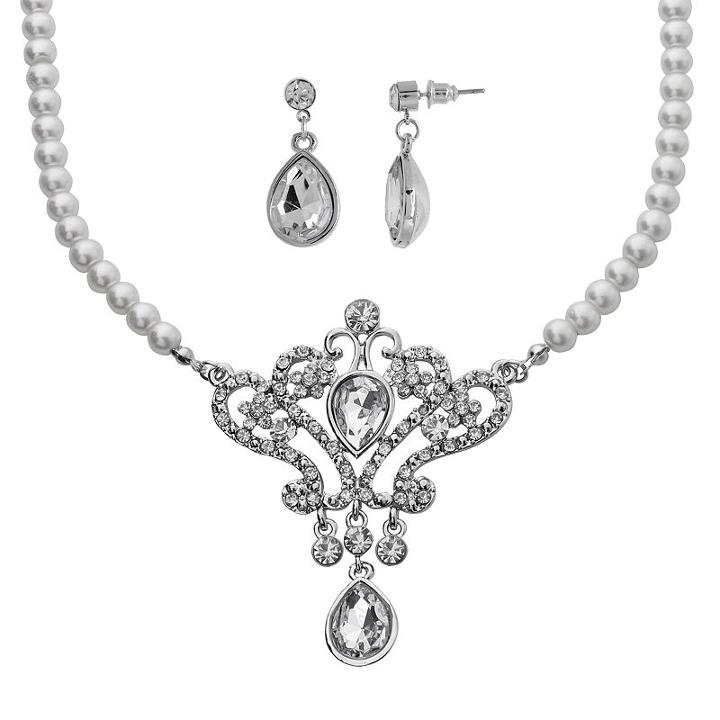 Crystal Allure Crown Teardrop Necklace And Earring Set, Women's, Size: 16, White