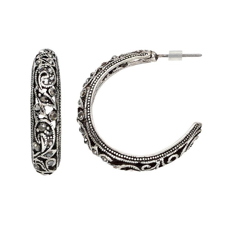 Antiqued Filigree Nickel Free Hoop Earrings, Women's, Silver