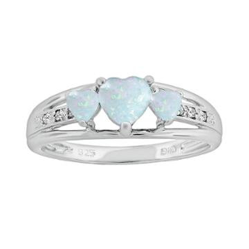 Sterling Silver Lab-created Opal And Diamond Accent Heart 3-stone Ring, Women's, Size: 9, White