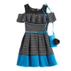 Girls 7-16 Knit Works Striped Cold-shoulder Skater Dress With Crossbody Purse, Girl's, Size: 16, Med Green