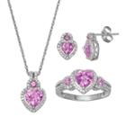 Lab-created Pink Sapphire Sterling Silver Heart Necklace, Ring & Stud Earring Set, Women's