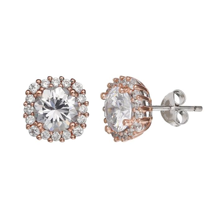Primrose Two Tone Sterling Silver Cubic Zirconia Square Halo Stud Earrings, Women's, White