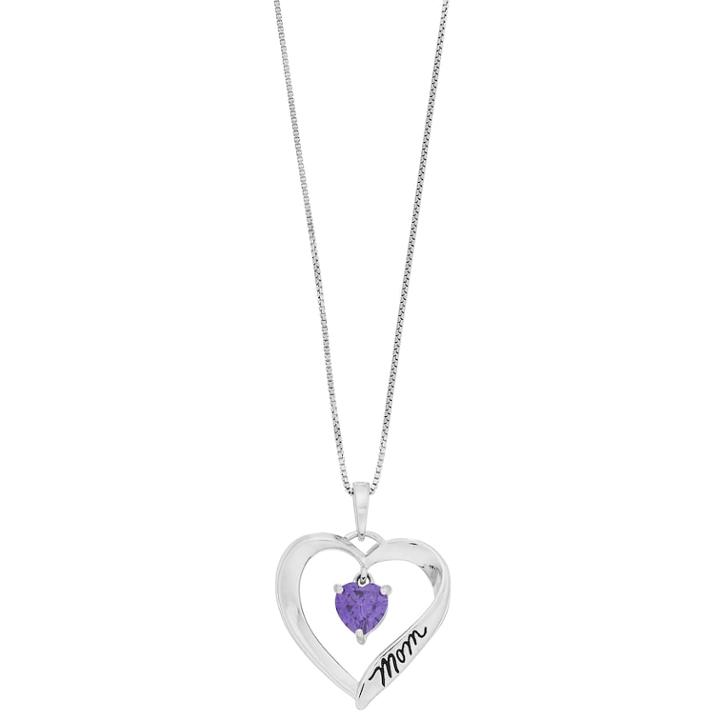 Timeless Sterling Silver Cubic Zirconia Mom I Love You Heart Pendant Necklace, Women's, Purple