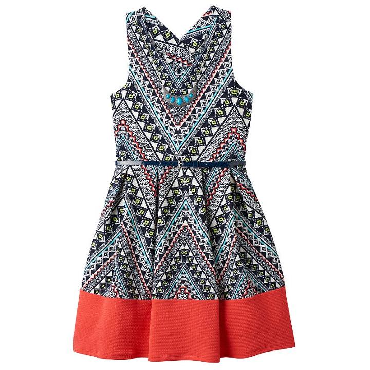 Girls 7-16 Knitworks Printed Bow Back Belted Skater Dress With Necklace, Girl's, Size: 7, Lt Orange