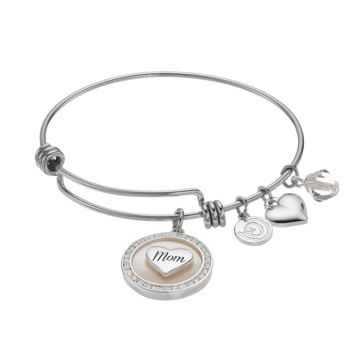 Love This Life Mother-of-pearl Mom Heart Charm Bangle Bracelet, Women's, White