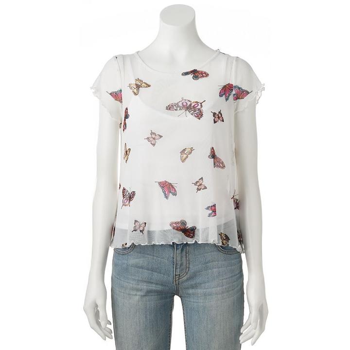 Juniors' Love, Fire Lined Print Mesh Top, Teens, Size: Large, White Oth