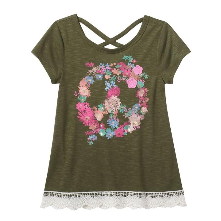 Girls 7-16 & Plus Size Mudd&reg; Criss Cross Back Crochet Trim Graphic Tee, Girl's, Size: 14, Med Green